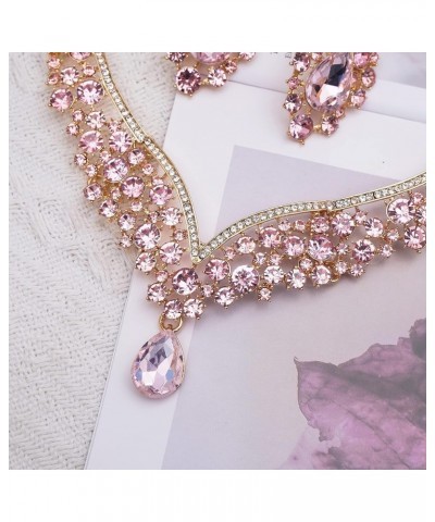 Women's Statement Necklace Earrings Link Bracelet Set for Bride Austrian Crystal Wedding Bridal Costume Jewelry Sets pink cry...