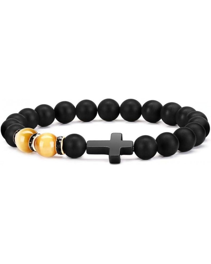 Fashion Religion Cross Men Women 8mm Natural Stone Tiger Eye & Black Matte Agate Beads Bracelet Elastic Bracelet Bangle gold ...