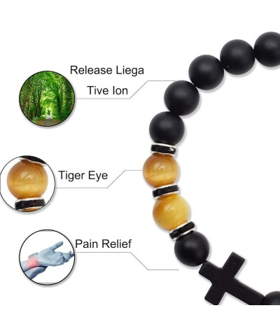 Fashion Religion Cross Men Women 8mm Natural Stone Tiger Eye & Black Matte Agate Beads Bracelet Elastic Bracelet Bangle gold ...