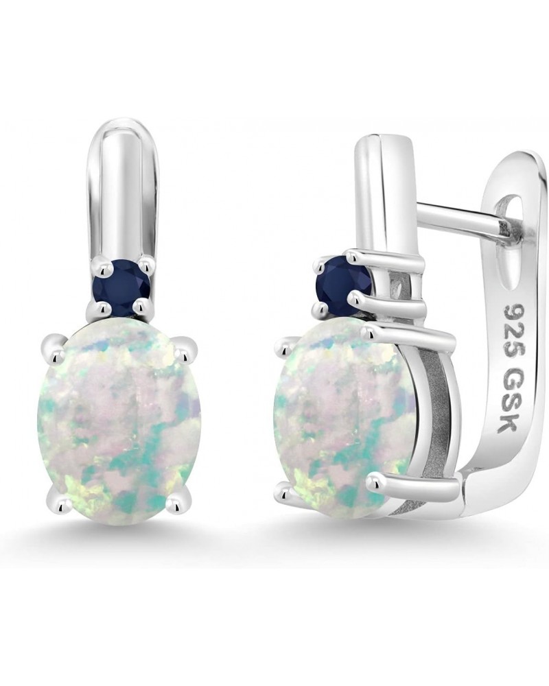 925 Sterling Silver White Simulated Opal and Blue Sapphire Earrings For Women (3.36 Cttw, Gemstone October Birthstone, Oval C...