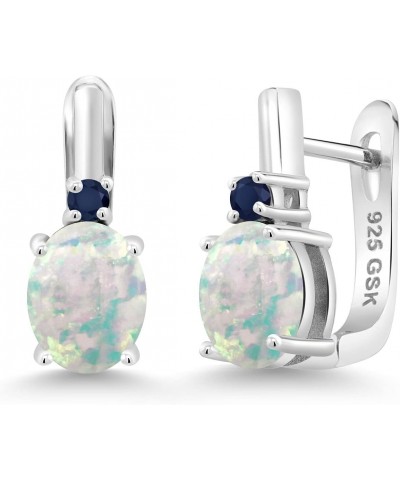 925 Sterling Silver White Simulated Opal and Blue Sapphire Earrings For Women (3.36 Cttw, Gemstone October Birthstone, Oval C...