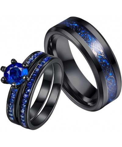 Couple Rings Black Plated Round cut Blue Cz Womens Wedding Ring Sets Stainless Steel Men Wedding Band Blue1 Women size10 $9.4...