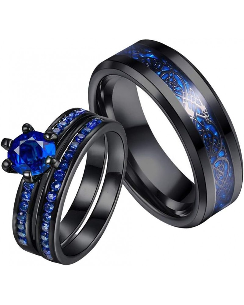 Couple Rings Black Plated Round cut Blue Cz Womens Wedding Ring Sets Stainless Steel Men Wedding Band Blue1 Women size10 $9.4...