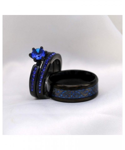 Couple Rings Black Plated Round cut Blue Cz Womens Wedding Ring Sets Stainless Steel Men Wedding Band Blue1 Women size10 $9.4...