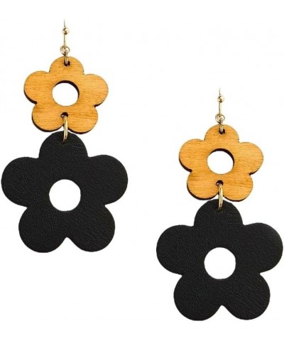 Wood Leather Daisy Dangle Earrings 2''. Fashion Lightweight Earrings Black $8.99 Earrings