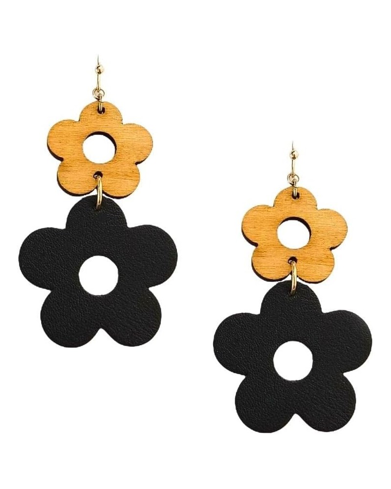 Wood Leather Daisy Dangle Earrings 2''. Fashion Lightweight Earrings Black $8.99 Earrings