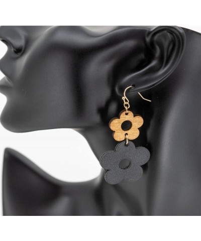 Wood Leather Daisy Dangle Earrings 2''. Fashion Lightweight Earrings Black $8.99 Earrings