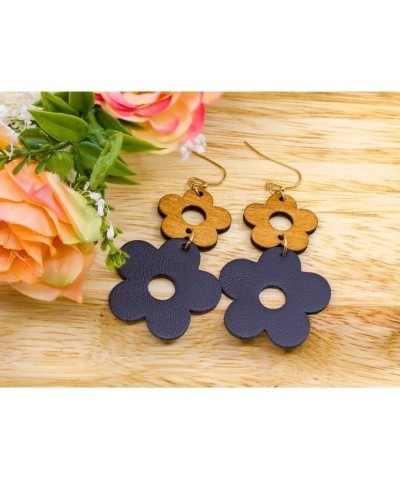 Wood Leather Daisy Dangle Earrings 2''. Fashion Lightweight Earrings Black $8.99 Earrings