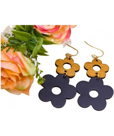 Wood Leather Daisy Dangle Earrings 2''. Fashion Lightweight Earrings Black $8.99 Earrings