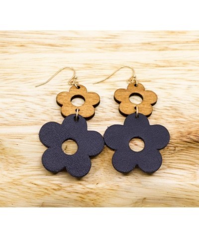 Wood Leather Daisy Dangle Earrings 2''. Fashion Lightweight Earrings Black $8.99 Earrings