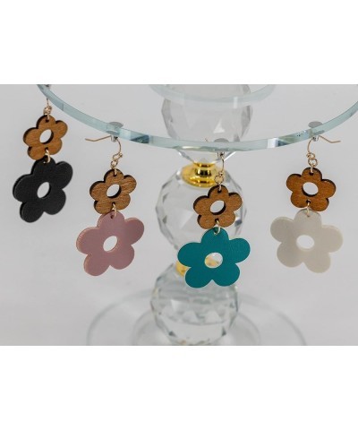 Wood Leather Daisy Dangle Earrings 2''. Fashion Lightweight Earrings Black $8.99 Earrings