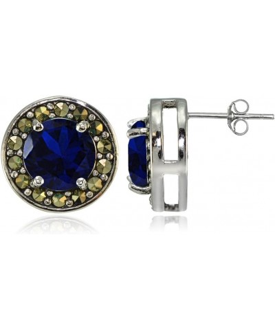 Sterling Silver Gemstone and Marcasite Halo Birthstone Stud Earrings Created Blue Sapphire $18.62 Earrings