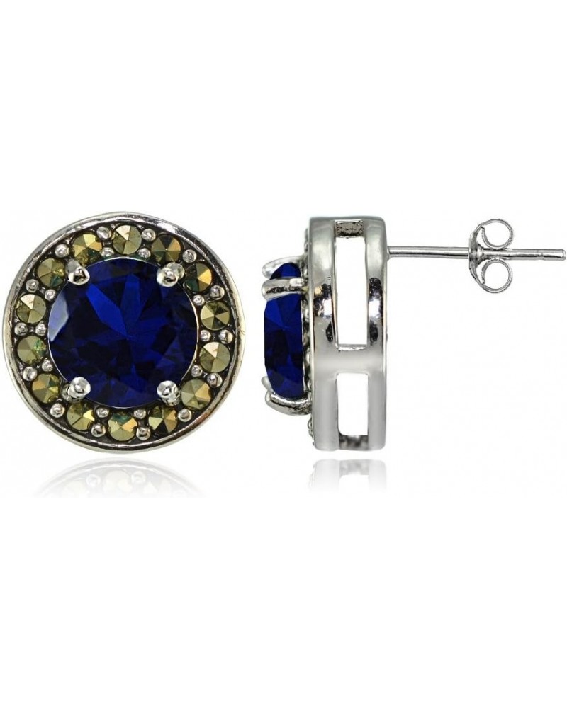 Sterling Silver Gemstone and Marcasite Halo Birthstone Stud Earrings Created Blue Sapphire $18.62 Earrings