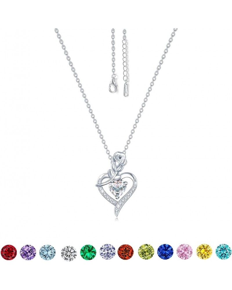 Gemstone Rose Flower Heart Pendant Birthstone Necklace Gifts for Women Girls Mom Lady Her April $18.01 Necklaces