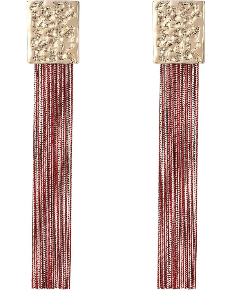 Womens Gold Chain Drop Dangle long Statement Earrings with Colorful layered Fringe Tassel Red $9.00 Earrings