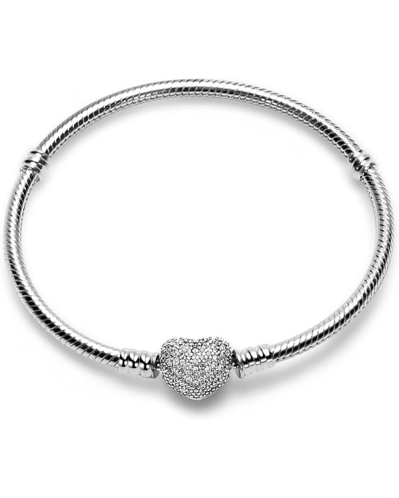 Charm Bracelet Fit For Charm Beads, 925 Sterling Silver Cubic Zirconia Heart Clasp Snake Chain Bracelet Fit Any Charm Gift fo...