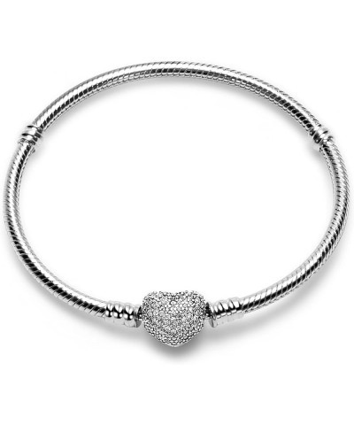 Charm Bracelet Fit For Charm Beads, 925 Sterling Silver Cubic Zirconia Heart Clasp Snake Chain Bracelet Fit Any Charm Gift fo...