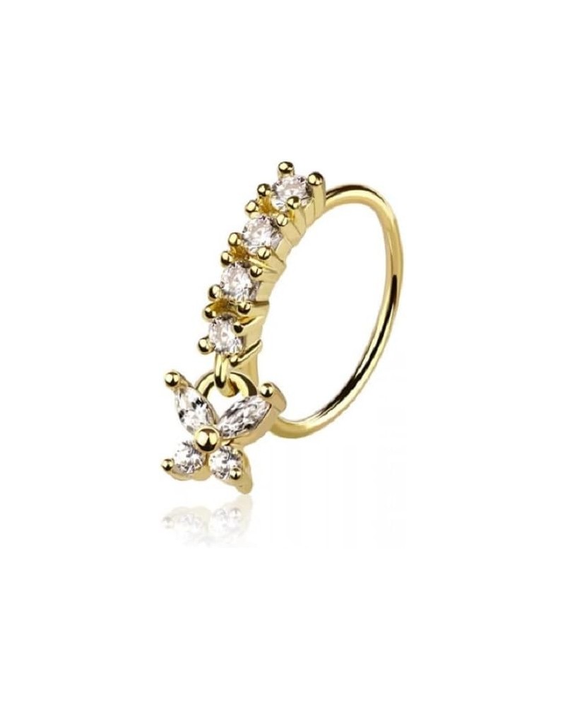 20GA 316L Stainless Steel CZ Crystal Lined Hoop with Dangling Butterfly Charm Bendable Nose Ring Gold Tone $8.62 Body Jewelry