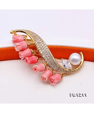 Coral Brooch 9mm White Freshwater Pearl and Coral Brooch Pin For Women Bride Dress Christmas Brooches $30.33 Brooches & Pins