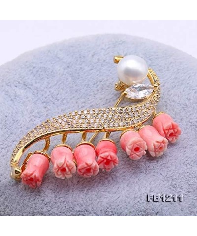 Coral Brooch 9mm White Freshwater Pearl and Coral Brooch Pin For Women Bride Dress Christmas Brooches $30.33 Brooches & Pins