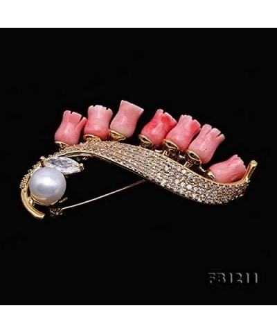 Coral Brooch 9mm White Freshwater Pearl and Coral Brooch Pin For Women Bride Dress Christmas Brooches $30.33 Brooches & Pins