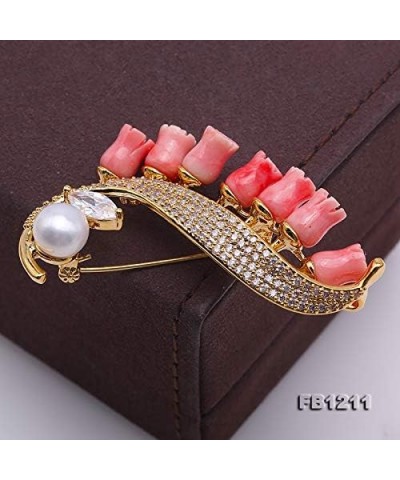 Coral Brooch 9mm White Freshwater Pearl and Coral Brooch Pin For Women Bride Dress Christmas Brooches $30.33 Brooches & Pins