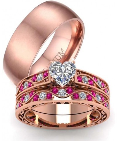 Couple Ring Bridal Set His Hers 10k Women Rose Gold Filled Heart Cut CZ Men Titanium Wedding Ring Band Set women's size 7 & m...