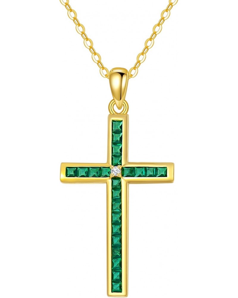 14K Gold Emerald Cross Necklace for Women,Yellow Gold Moissanite Cross Pendant Necklaces Religious Jewelry Anniversary Birthd...