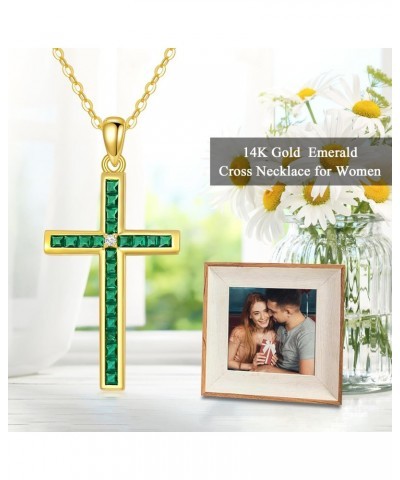 14K Gold Emerald Cross Necklace for Women,Yellow Gold Moissanite Cross Pendant Necklaces Religious Jewelry Anniversary Birthd...