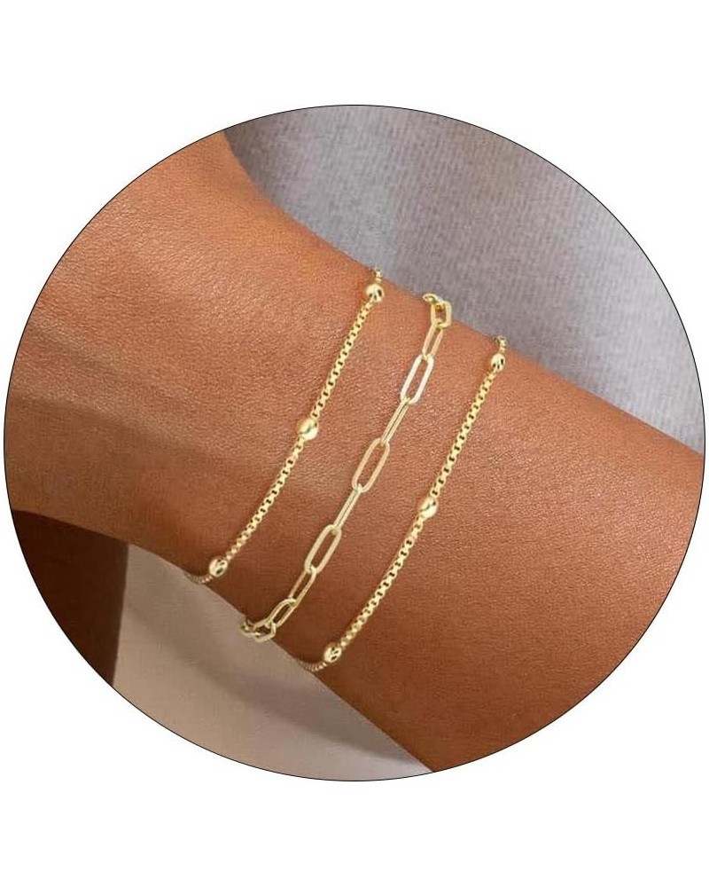 Gold Bracelets for Women 14K Gold Plated Bracelet Stack Dainty Gold Bracelet Set Cute Simple Rope Paperclip Herringbone Link ...