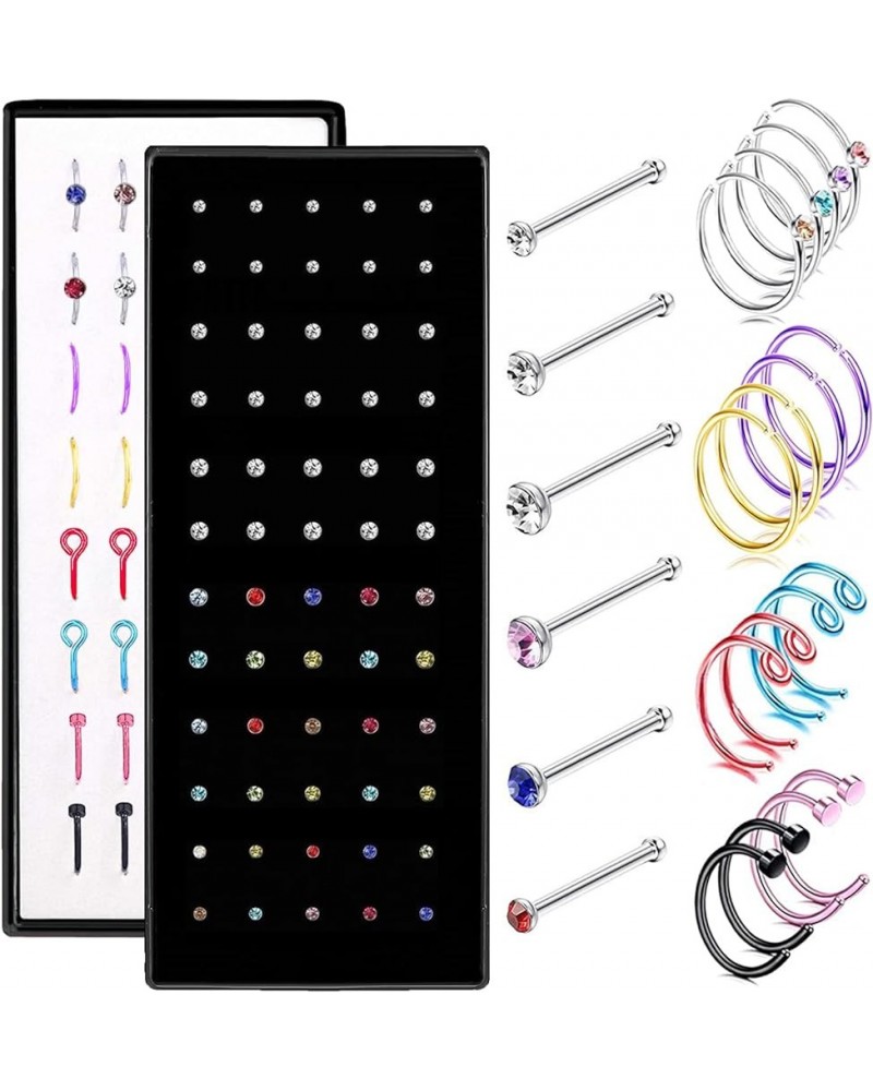 2 Sets of 100pcs Hypoallergenic Nose Rings Studs and Hoops Surgical Stainless Steel for Women Men, 1.5/2.0/2.5mm Colorful Cry...