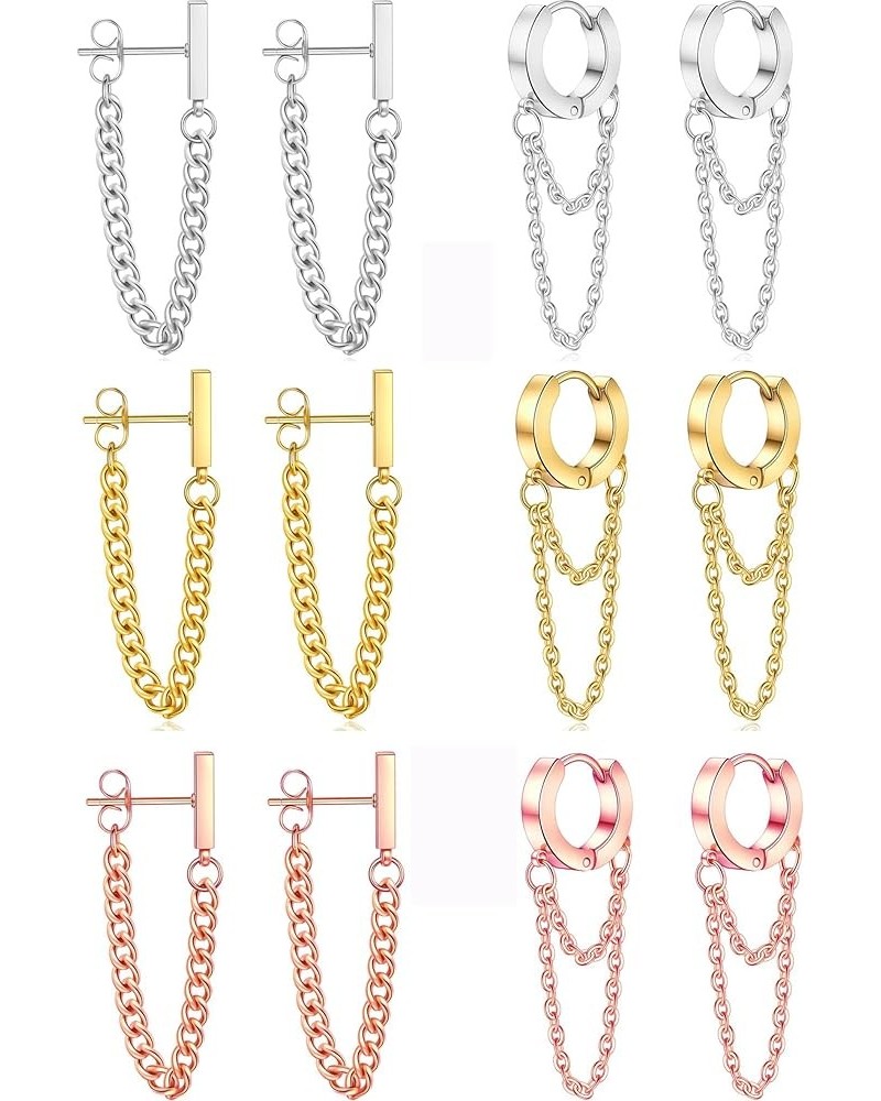 6 Pairs Chain Dangle Earrings for Women Rose Gold Sliver Minimalist Bar Stud Earrings Small Huggie Hoop Piercing Earrings Set...