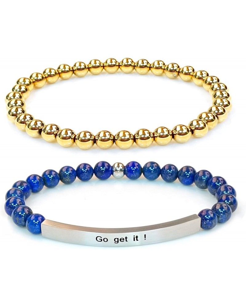 2 PCS 14K Gold Stainless Steel 6MM Bead Bracelet Gemstones Inspirational Bracelet Stretch Beads Stackable Bracelet For Women ...