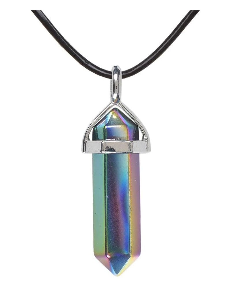 Natural Gemstone Hexagonal Pointed Reiki Chakra Pendant Genuine Leather Necklace 18 Metallic Rainbow Coated Hematite $7.34 Ne...