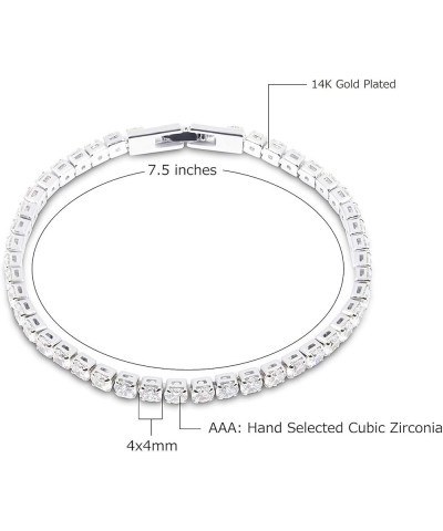 14K Gold Plated Cubic Zirconia Round 4MM Classic Tennis 7.5 in Bracelet for Women White Gold $10.61 Bracelets