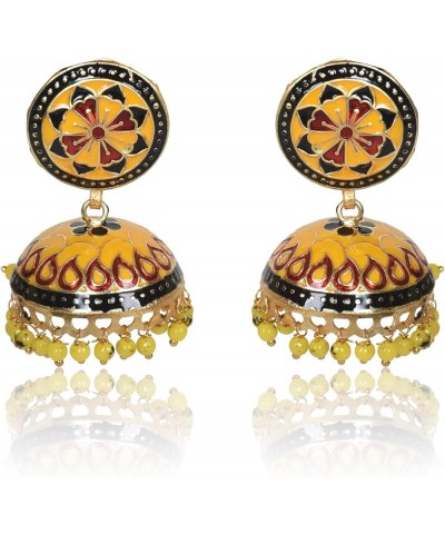 Traditional Handmade Meenakari Dome Shape Multicolour Lightweight Brass Metal Jhumka for Women & Girls Yellow & Black $17.69 ...