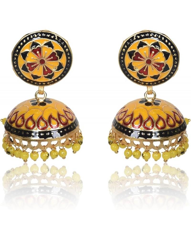 Traditional Handmade Meenakari Dome Shape Multicolour Lightweight Brass Metal Jhumka for Women & Girls Yellow & Black $17.69 ...