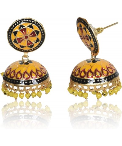 Traditional Handmade Meenakari Dome Shape Multicolour Lightweight Brass Metal Jhumka for Women & Girls Yellow & Black $17.69 ...