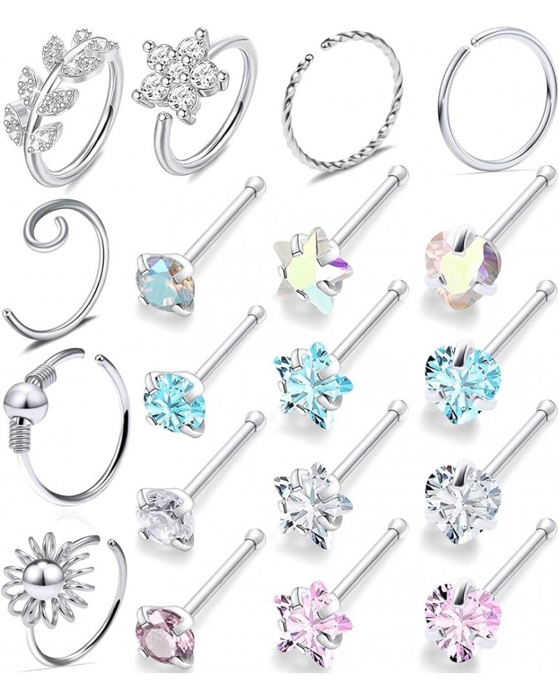 18G 20G Nose Rings Hoops for Women 316L Surgical Steel Clear CZ Heart Star Nose Stud Flower Leaf CZ Nose hoops Nostril Nose P...