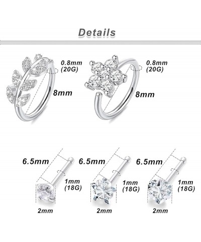 18G 20G Nose Rings Hoops for Women 316L Surgical Steel Clear CZ Heart Star Nose Stud Flower Leaf CZ Nose hoops Nostril Nose P...