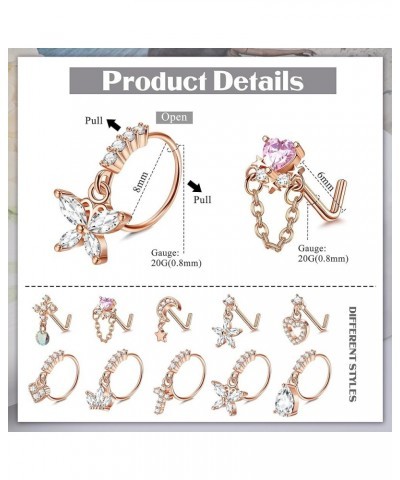 10 Pcs 20G Dangle Nose Rings Studs for Women 316L Stainless Steel L Shaped Nose Studs Heart Butterfly Moon Star Snowflake CZ ...