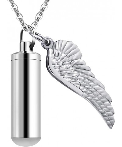 Cylinder Cremation Urn Necklace for Ashes Memorial Keepsake Pendant with Angel Wing Stainless Steel Remembrance Jewelry non-e...