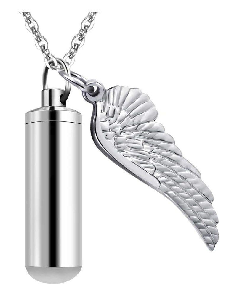 Cylinder Cremation Urn Necklace for Ashes Memorial Keepsake Pendant with Angel Wing Stainless Steel Remembrance Jewelry non-e...