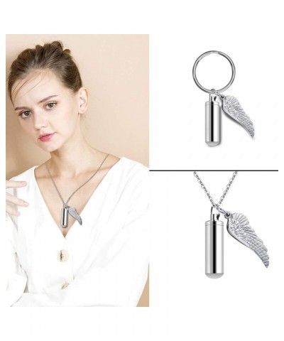 Cylinder Cremation Urn Necklace for Ashes Memorial Keepsake Pendant with Angel Wing Stainless Steel Remembrance Jewelry non-e...