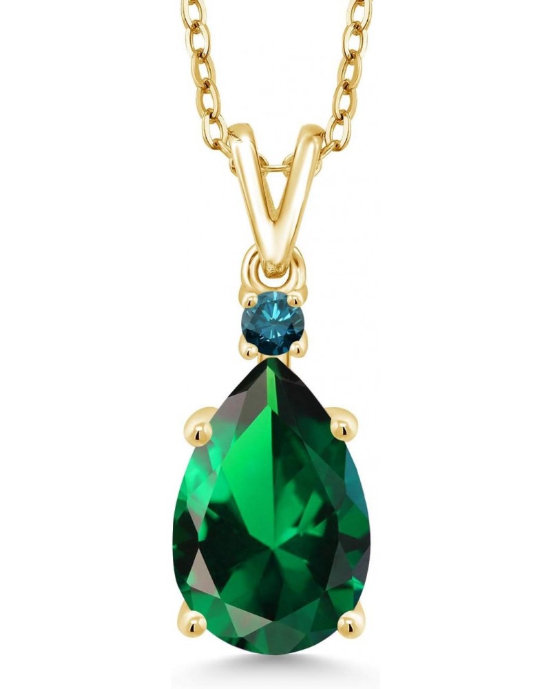 18K Yellow Gold Plated Silver Green Nano Emerald and Blue Diamond Pendant Necklace For Women | 2.51 Cttw | Pear Shape 12X8MM ...