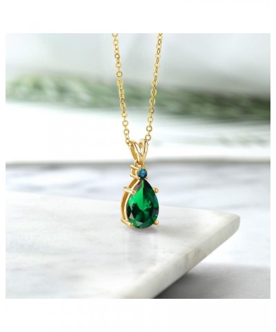 18K Yellow Gold Plated Silver Green Nano Emerald and Blue Diamond Pendant Necklace For Women | 2.51 Cttw | Pear Shape 12X8MM ...