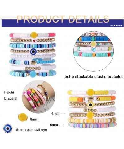 58Pcs Preppy Heishi Bracelets Set Colorful Evil Eye Beaded Polymer Clay Pearl Stackable Charm Y2K Summer Beach Bohemian Layer...