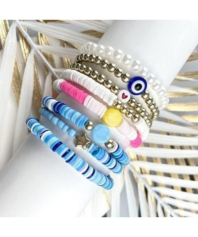 58Pcs Preppy Heishi Bracelets Set Colorful Evil Eye Beaded Polymer Clay Pearl Stackable Charm Y2K Summer Beach Bohemian Layer...