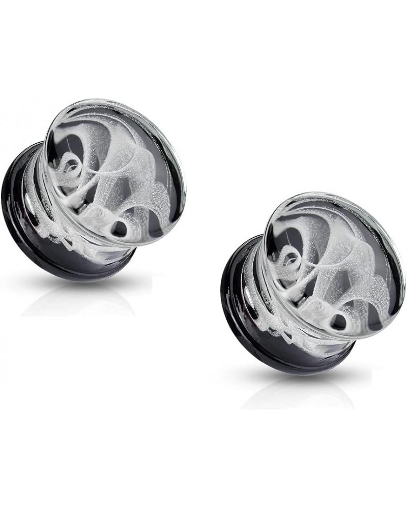 White Swirling Smoke Pyrex Glass Double Flared Black Back Plugs, Sold as a Pair 8mm (0GA) $8.98 Body Jewelry