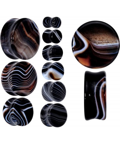 2PC Natural Black Line Agate Stone Saddle Plugs Double Flare Plug Ear Plug Gauges Set of 2 7/8" (22mm) $10.06 Body Jewelry